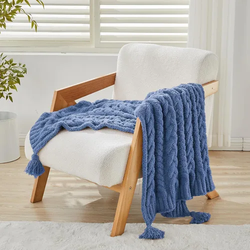 Vista 2 de HORIMOTE HOME Manta de felpilla de punto grueso para sofá con borlas, manta suave y acogedora para sofá, silla y cama, color azul, 50 x 60 pulgadas