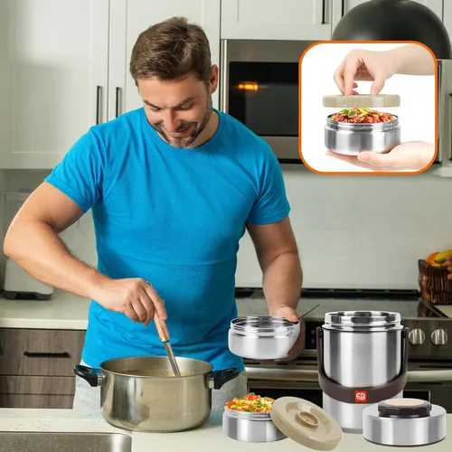 Vista 2 de Termo de 3 capas para alimentos calientes y sopa de 67 onzas con bolsa de almuerzo Sealed Stackable Stainless Steel Insulated Bento Box, Ideal for
