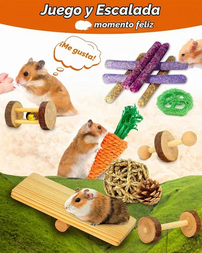 Vista 5 de Juguetes de hámster y conejillo de indias – 18 piezas de juguetes de madera para masticar animales pequeños para dientes – Conejo, chinchilla