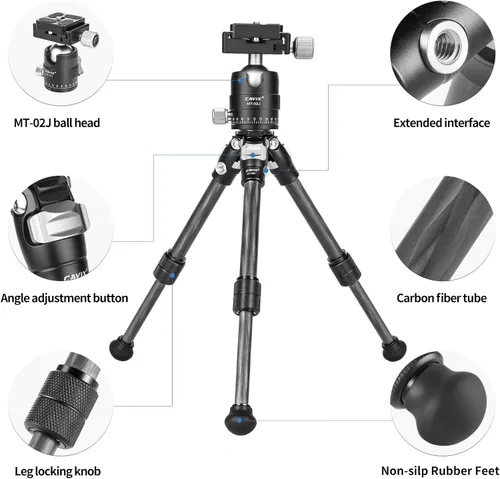 Vista 5 de CAVIX Mini trípode de viaje con cabezal esférico de 360° ligero trípode compacto de fibra de carbono para cámara