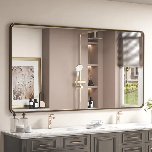 Vista 35 de OKPAL - Espejo de tocador de baño de 20x24 pulgadas con marco de metal cepillado en bronce, espejo de baño con marco de metal cepillado en bronce