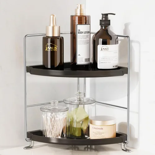 Vista 10 de Estante esquinero para especias de 2 niveles, organizador de maquillaje, apilable, soporte para cosméticos, estante de mostrador para baño, cocina