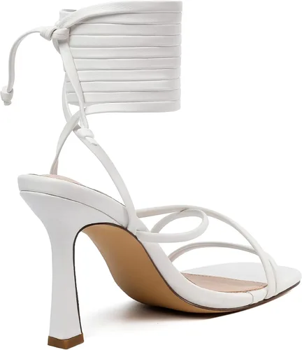 Vista 7 de Mostrin Tacones de tiras para mujer, tacones con cordones, sandalias sexis de tacón de aguja con puntera abierta cuadrada para bailes, fiestas