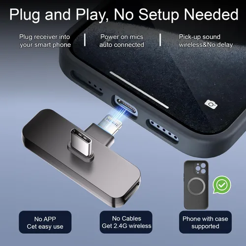 Vista 3 de Paquete de 2 micrófonos inalámbricos mini Lavalier de solapa para iPhone, teléfono Android (2 en 1) - micrófonos duales inalámbricos con clip de 65