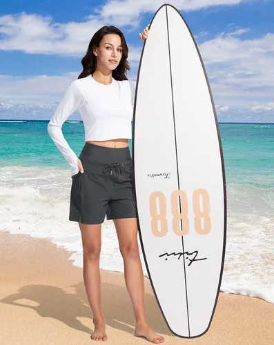 Vista 6 de Viodia Pantalones cortos de natación de cintura alta de 5 pulgadas para mujer con bolsillos con cremallera UPF 50+ pantalones cortos de playa