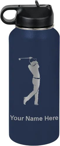 Vista 57 de LaserGram Botella de agua personalizada, golfista de golf, acero inoxidable de doble pared aislada al vacío con popote superior, regalo grabado Negro