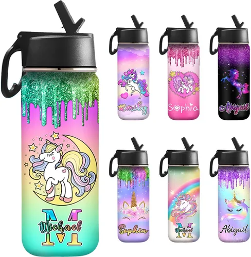Vista 34 de InterestPrint Botella de agua personalizada para niños de 18 onzas con tapa de pajilla, botella de agua aislada de doble pared de acero inoxidable