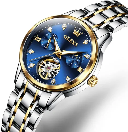 Vista 3 de OLEVS Reloj automático para mujer, de lujo, con cuerda automática, de diamante, de acero inoxidable, de fase lunar, impermeable, esfera azul luminosa