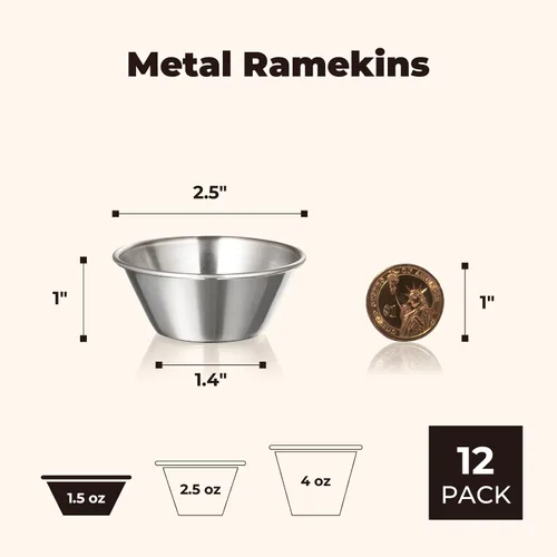 Vista 2 de Fit Meal Prep [Paquete de 12] Tazas de salsa de inmersión de acero inoxidable de 1.5 onzas, moldes de metal reutilizables, cuencos de condimentos
