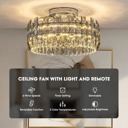 Vista 2 de Ventilador de techo de cristal con luces, ventilador de techo moderno con control remoto, viento de 6 velocidades, LED regulable, ventilador