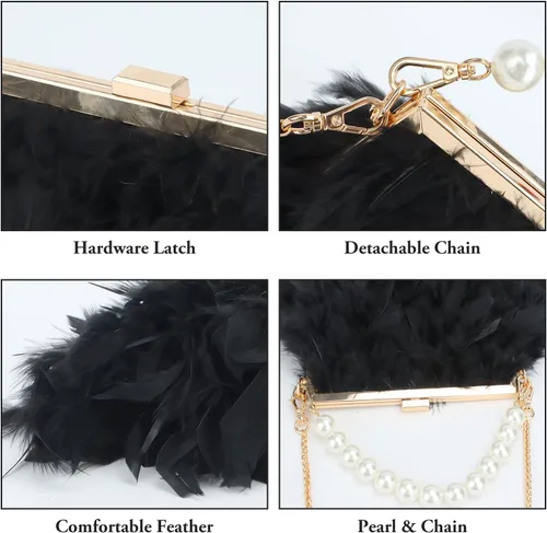 Vista 4 de Bolsos de mano de plumas para mujer, bolsos de noche esponjosos de perlas para boda, aniversario, fiesta