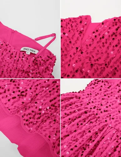 Vista 4 de GRACE KARIN Vestido de lentejuelas para niñas, vestido de fiesta de boda de un hombro con lazo para el pelo, 5-12 años