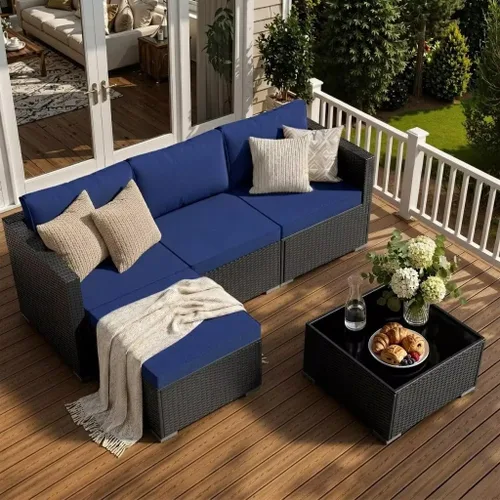Vista 11 de Skyfish Juego de muebles de patio, reposabrazos anchos, sofá modular de mimbre para todo tipo de clima, 5 piezas para exteriores con diván, juego