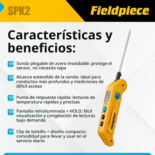 Vista 2 de Fieldpiece SPK2 termómetro plegable de bolsillo en canal con control Max/Min y sonda de acero inoxidable