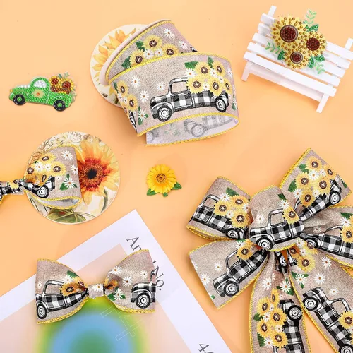 Vista 4 de Whaline Cinta vintage con borde de alambre para camión de girasol, para primavera y verano, diseño floral de búfalo a cuadros, cinta de envoltura