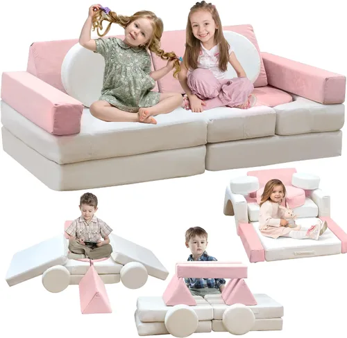 Vista 9 de Sofá modular de juego para niños, 13 piezas, con funda de terciopelo lavable, expansión instantánea de 5 segundos, espuma convertible y cojín
