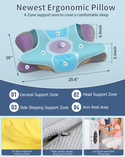 Vista 4 de Almohada cervical cervical para aliviar el dolor, almohada ergonómica para dormir de lado para apoyar el cuello, almohadas ortopédicas de espuma