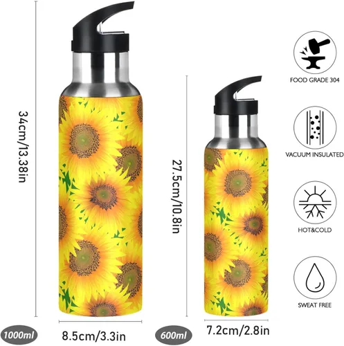 Vista 2 de BPA-Free Sports Water Bottle with Straw 32 Oz, Stainless Steel Water Bottle for Gym Outdoor Travel School, Vibrant Sunflowers Bright Yellow