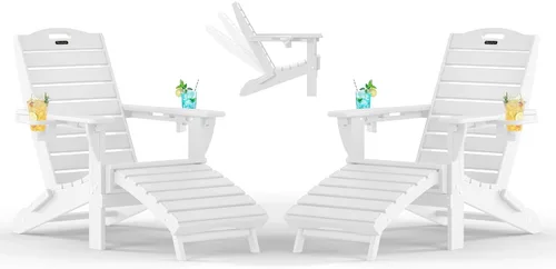 Vista 13 de Sillas Adirondack ajustables con otomana retráctil, silla Adirondack plegable de HDPE con 2 soportes para tazas, resistente a la intemperie