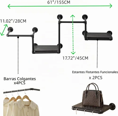 Vista 5 de Perchero de tubería industrial con 2 estantes flotantes, perchero de pared con 3 barras colgantes, barra de ropa de hierro resistente, rieles