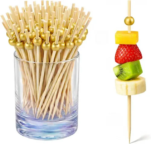 Vista 8 de 100 palillos de dientes elegantes para aperitivos, palillos de cóctel de perlas doradas de 4.7 pulgadas para bebidas, brochetas de bambú