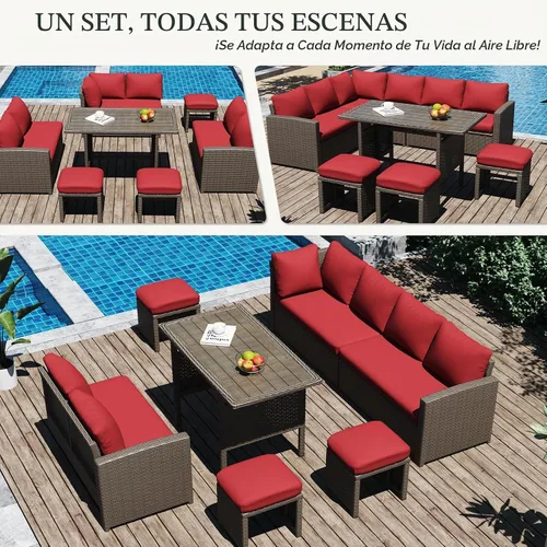 Vista 3 de U-MAX Juego de muebles de patio, 7 piezas de sofá seccional para exteriores Ratán marrón y cojín rojo