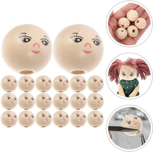 Vista 8 de Sewroro 50 cuentas de madera de cara sonriente, cuentas de madera redondas espaciadoras con agujero, cuentas de cabeza de muñeca para niñas, cuentas