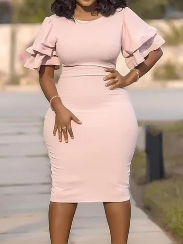 Vista 2 de Vestido de tubo midi de talla grande para mujer, elegante manga con volantes, cuello redondo, entallado, vestido formal para fiesta de cóctel