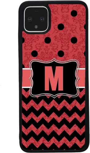 Vista 3 de Funda de goma negra con diseño de lunares Chevron Damasco rojo y negro con inicial negra compatible con Google Pixel 10, 10 Pro, 10 Pro XL, 9a, 9