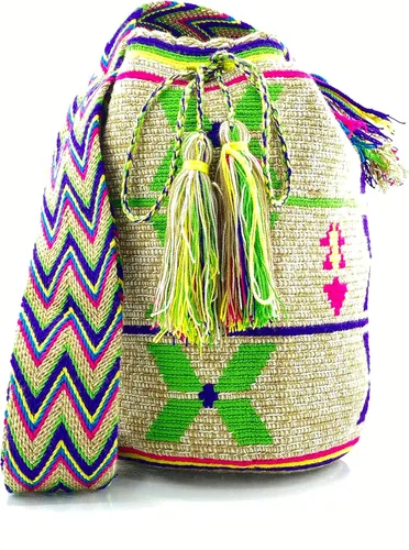 Vista 2 de Bolsos Colombianos, Mochila Wayuu, 100% Original Colombiano Algodón Bolso Cubo hecho a mano.