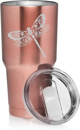Vista 3 de Vaso de 30 onzas de acero inoxidable con aislamiento al vacío, taza de viaje con libélula floral (purpurina azul claro)