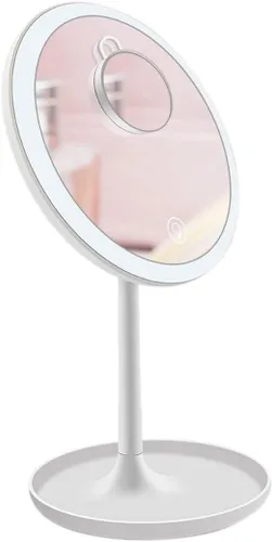 Vista 10 de Espejo LED de maquillaje de viaje con luces, con un mini espejo compacto portátil de tamaño de bolsillo con aumento 5X, base redonda, rosa