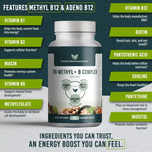 Vista 4 de Vitaminas B metiladas del complejo B Tri-Methyl+ - Suplemento vitamínico del complejo de metilo B de espectro completo para apoyo MTHFR con formas