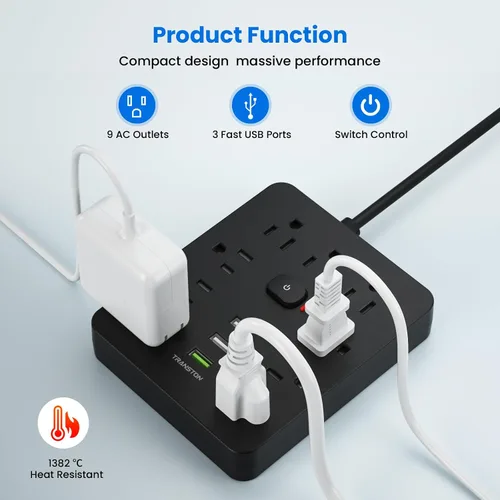 Vista 3 de Regleta protectora contra sobretensiones con 9 tomacorrientes, 3 puertos USB, estación de carga de escritorio ignífuga con enchufe plano
