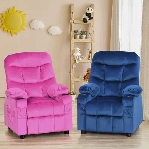 Vista 10 de Costzon Silla reclinable para niños con soporte para tazas, silla de salón de terciopelo ajustable con reposapiés y bolsillos laterales