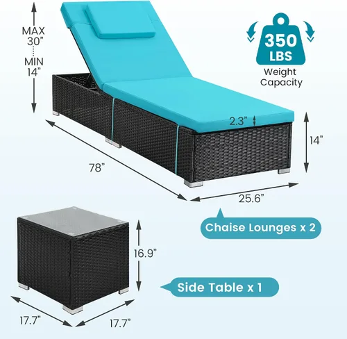 Vista 2 de Murago Tumbona para exteriores, juego de 2 sillas de piscina con mesa Turquesa