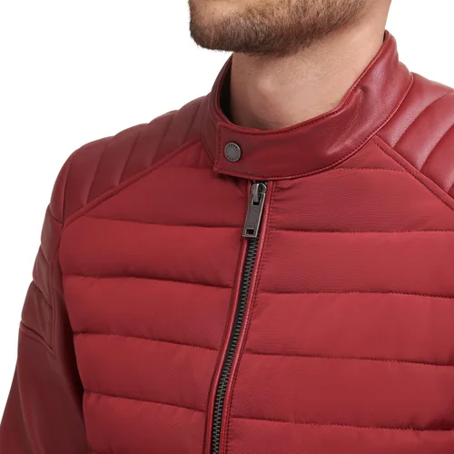 Vista 7 de DKNY Chaqueta acolchada de cuero sintético para hombre de motocros Racer