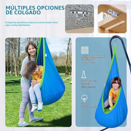 Vista 2 de Hamaca tipo cápsula OUTREE 100% de algodón para niños. Para uso interior y exterior, Azul