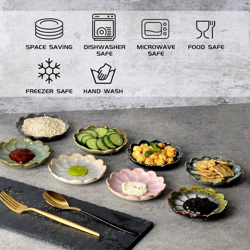 Vista 5 de Juego de Cuencos de Cerámica para Sumergir de 8 Piezas, Tazas de Salsa de 3 oz, Plato Pequeño Redondo de Crisantemo para Sushi, Tomate, Salsa