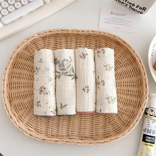 Vista 2 de BuLuTu - Paños de limpieza reutilizables 100% algodón muselina para cocina, 4 unidades, paños de cocina con estampado floral dulce, paños de esponja