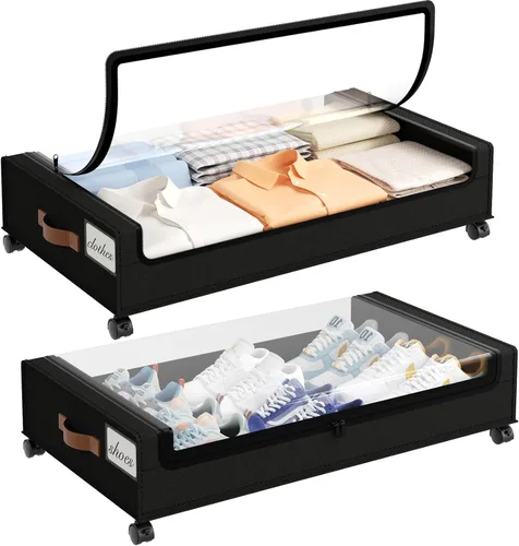 Vista 15 de Yecaye Almacenamiento Debajo de la Cama con Ruedas, 2 Paquetes de Cajas de Almacenamiento Debajo de la Cama con Tapas Transparentes y Etiqueta, 60L