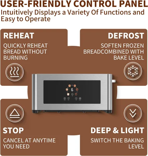 Vista 5 de Tostadora Inteligente con Pantalla Táctil de 4 Rebanadas, Pantalla LCD, Tostadora de Ranura Larga de 1.6", con 6 Configuraciones de Tostado