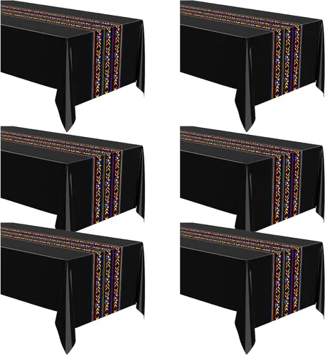 Vista 7 de Oudain Mantel de plástico para fiesta mexicana, 6 unidades, 108 x 54 pulgadas, tejido arcoíris, desechable, impermeable, festivo, para decoración