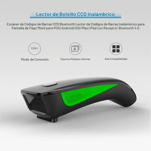 Vista 2 de Mini escáner de código de barras compatible con Bluetooth, lector de código de barras portátil de NETUM 1D CCD Bar Code Scanner, 2.4G Cordless