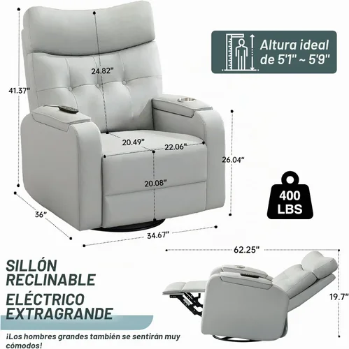 Vista 2 de Rocker - Silla reclinable para cuarto de bebé, mecedora giratoria con calor y masaje, para sala de estar, color gris Gris cuero