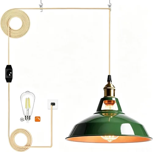 Vista 10 de Lámpara colgante de ratán para enchufar, con cable de enchufe, lámpara colgante de bambú regulable, tejida a mano estilo bohemio, pantalla