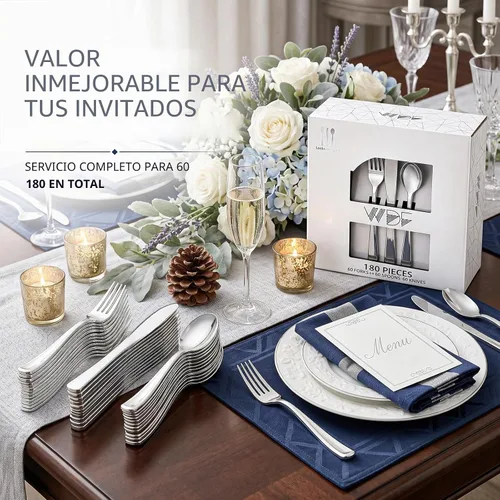 Vista 6 de 180 cubiertos de plástico plateado – cubiertos de plástico plateado – cubiertos de plástico elegante resistente – 60 tenedores, 60 cuchillos, 60