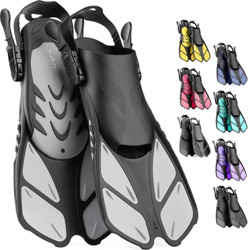 Vista 13 de CAPAS - Aletas de natación de talón abierto, tamaño de viaje, cortas, ajustables para buceo, adultos, hombres, mujeres y niños