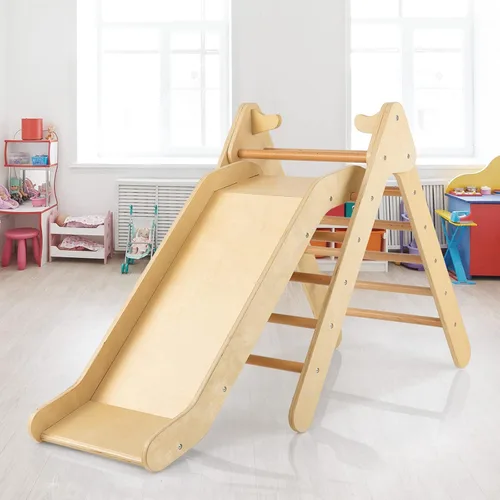 Vista 9 de HONEY JOY Escaladora triangular con rampa, escalera triangular para niños para guardería, gimnasio y parque infantil, juguetes de escalada Natural