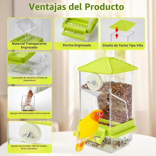 Vista 6 de Rypet Juego de dispensador de agua para pájaros sin ensuciar, alimentador automático para pájaros para jaula, contenedor de alimentos transparente